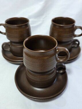 Six Denby Langley Mayflower Cup & Saucer Sets Brown with Bands
